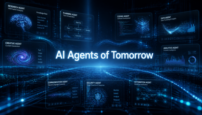 A conceptual digital workspace highlighting different Types Of Ai Agents Shaping The Future with interactive holographic interfaces.
