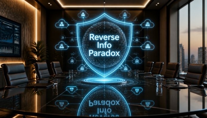 A futuristic holographic interface in a corporate boardroom illustrating the Reverse Information Paradox with a secure data shield.