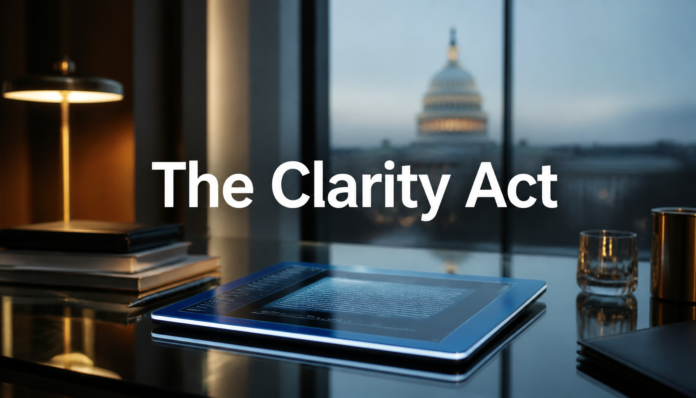 A modern digital tablet displaying the Clarity Act document on an executive desk overlooking Washington D.C.