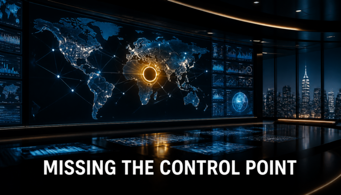A conceptual corporate command center illustrating IBM's pattern of missing the control point during major technological transitions.