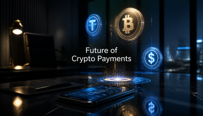 A futuristic concept of Bitcoin and Stablecoins Payments transitioning into the global financial system by 2029.
