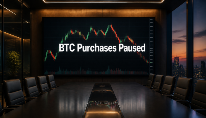 A corporate trading screen showing a frozen Bitcoin chart, illustrating the moment a major strategy officially pauses BTC purchases.