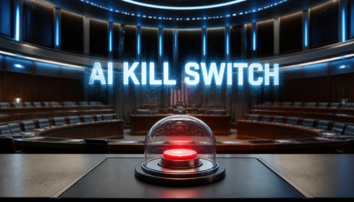 A professional, modern concept photo of a glowing red button representing the AI Kill Switch Act in a high-tech government setting.