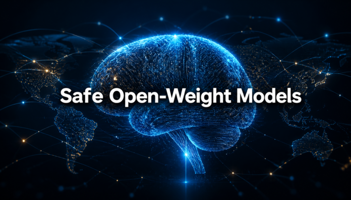 A futuristic digital brain representing safe open-weight models with global network connections.