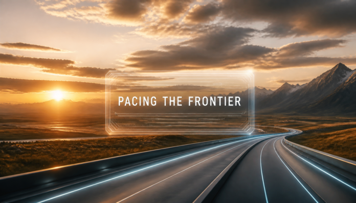 A futuristic digital landscape symbolizing the concept of pacing the frontier in AI development.