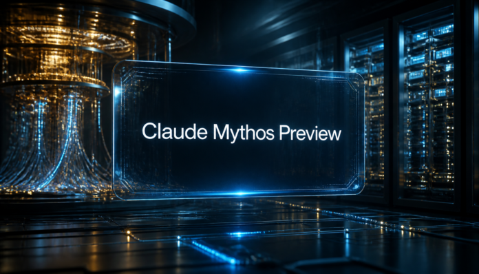 Sleek quantum computing laboratory displaying the Claude Mythos Preview interface.