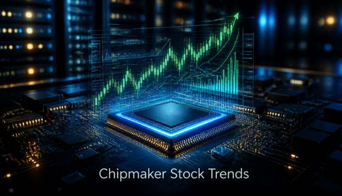 A futuristic glowing microchip with holographic rising stock charts, representing chipmaker stock prices.