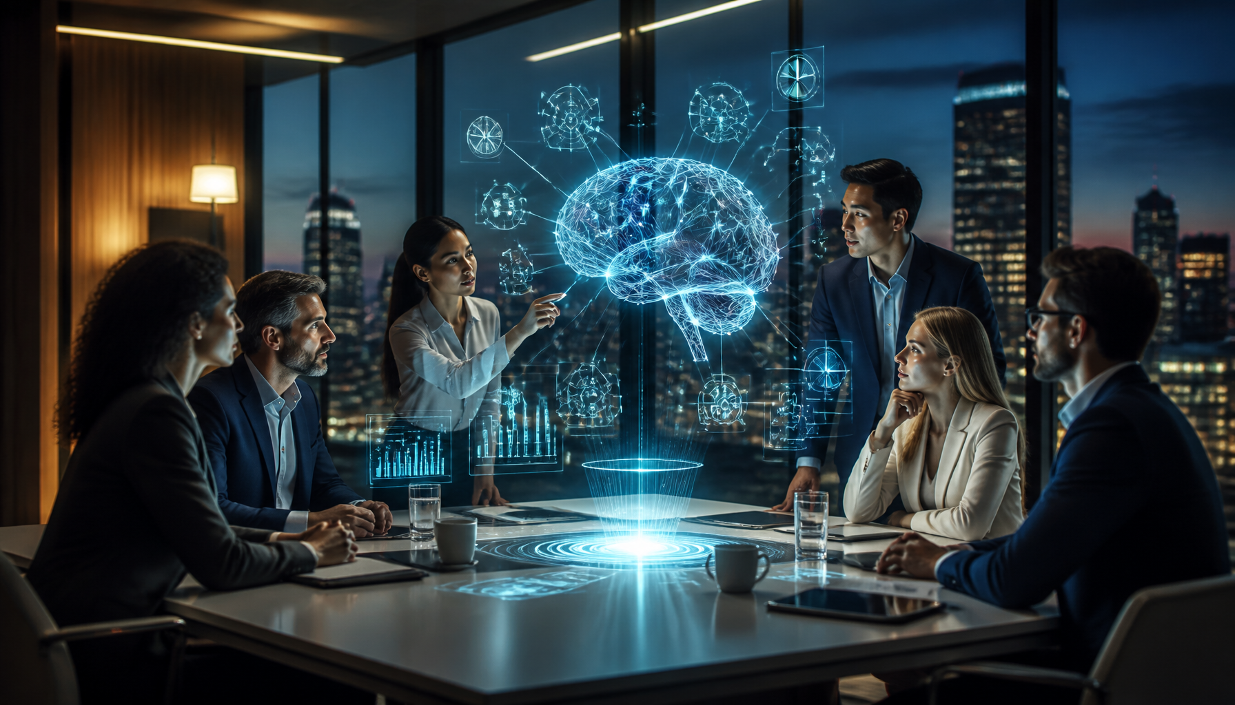 A professional business team collaborating on machine learning integration, a key aspect driven by EU AI Gigafactories.