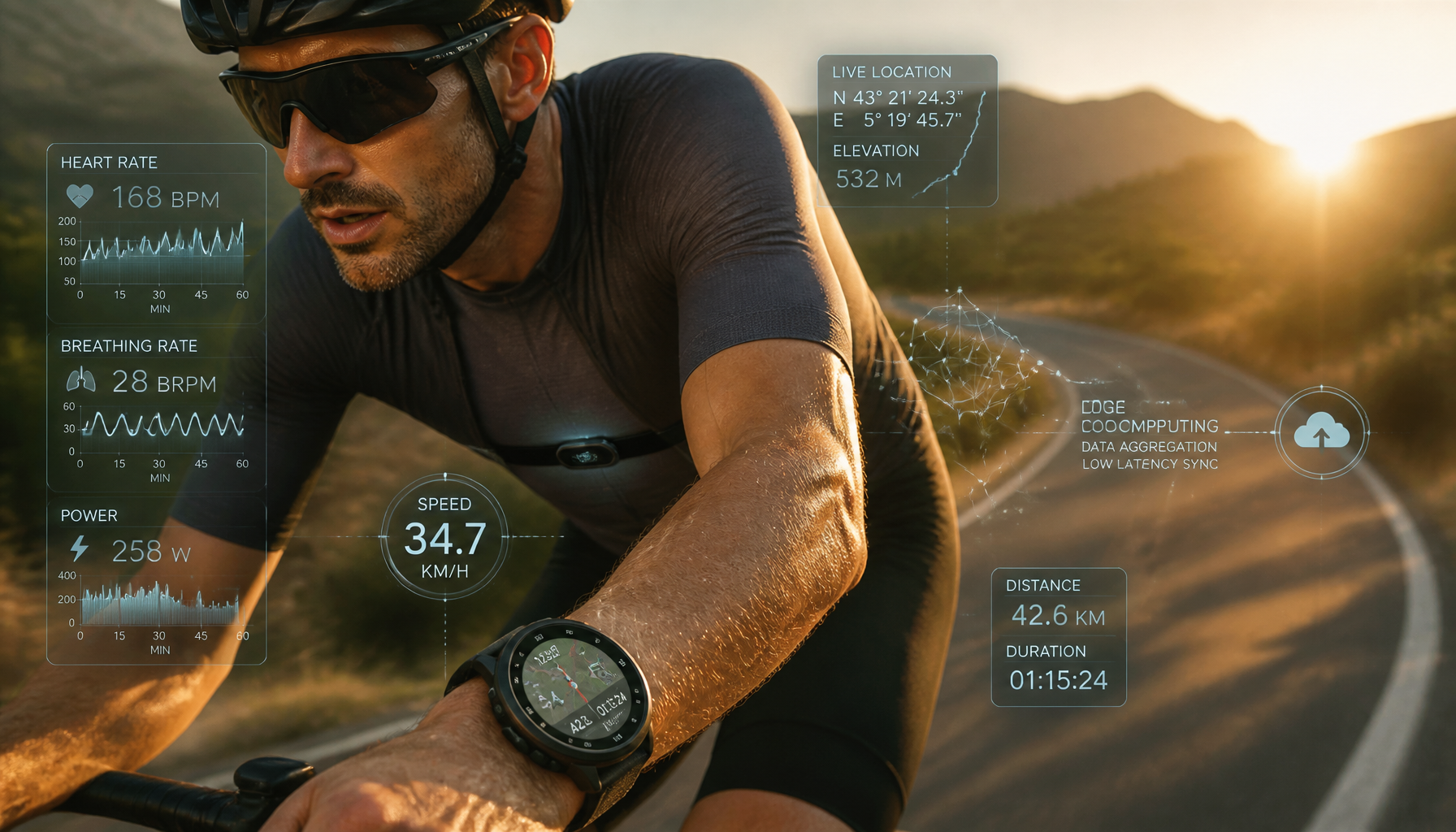 Cyclist using advanced wearable tech with real-time biometric metrics, highlighting the Latest Tech & Global News Roundup on edge networks.