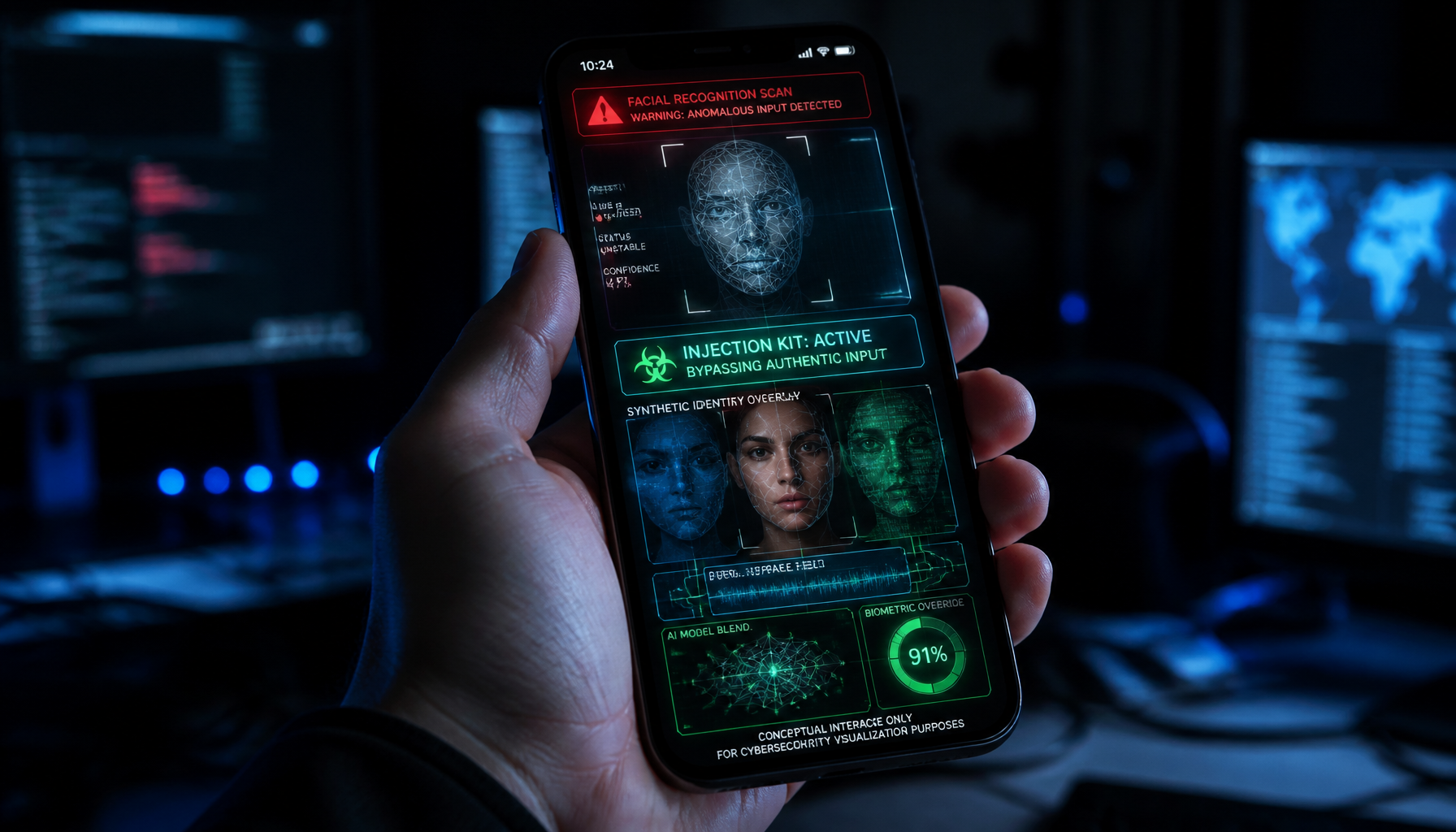 A smartphone screen showing a deepfake injection kit hijacking a verification scan, demonstrating sophisticated identity fraud.