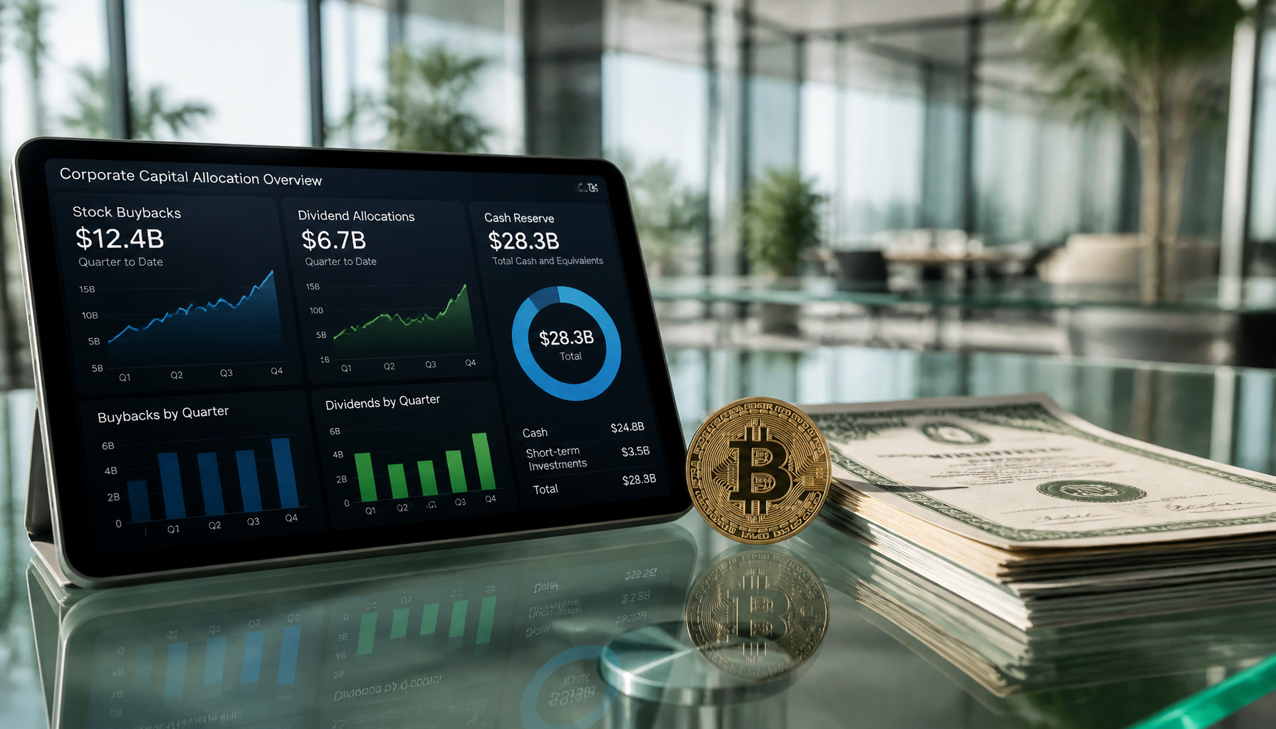 A corporate desk with stock certificates and digital charts showing asset reallocation after a strategy sells Bitcoin.