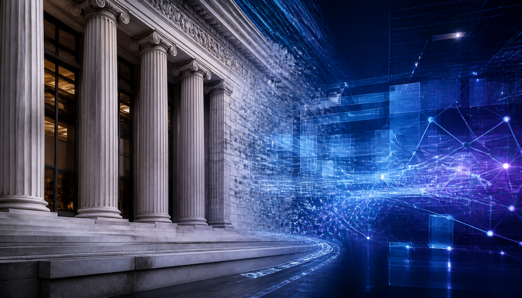 An abstract conceptual image illustrating fintech mergers and acquisitions where traditional financial pillars transition into a modern blockchain network.