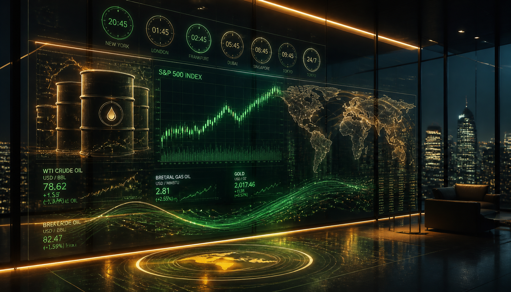 Holographic financial charts showing oil and stock index volumes trading during The Weekend Trade hours.