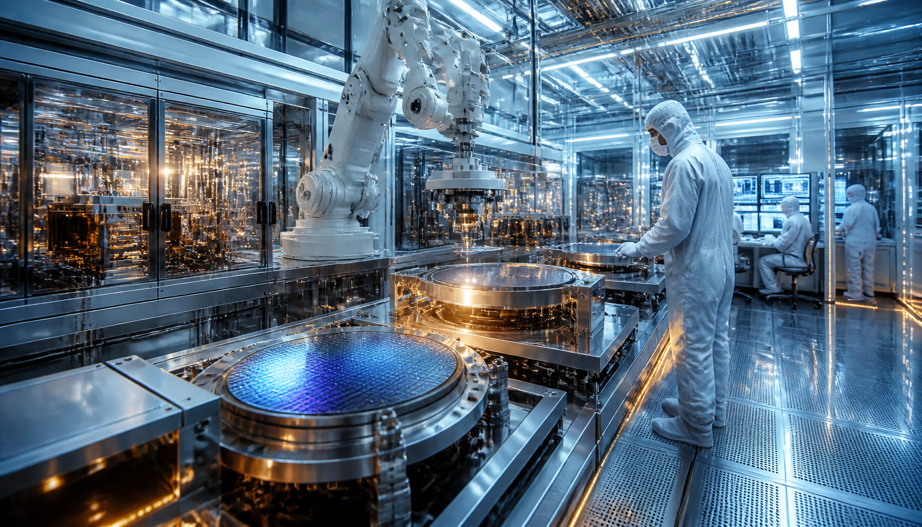 A high-tech chip manufacturing cleanroom built with new capital, highlighting why Intel hasn't sold stock until now.