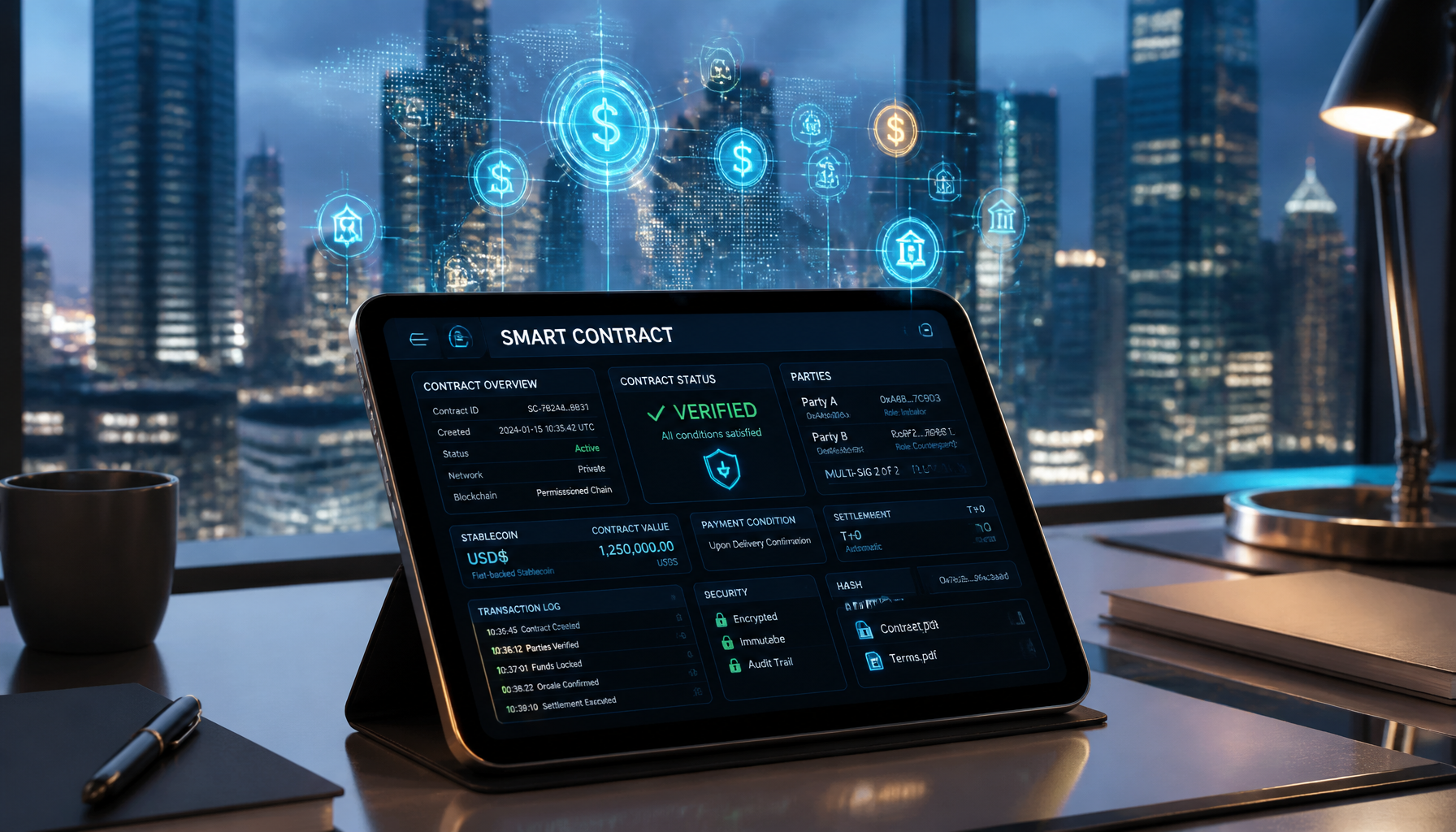 A secure smart contract interface on a tablet, illustrating the latest Crypto Market Top News Today regarding stablecoin regulation in Asia.