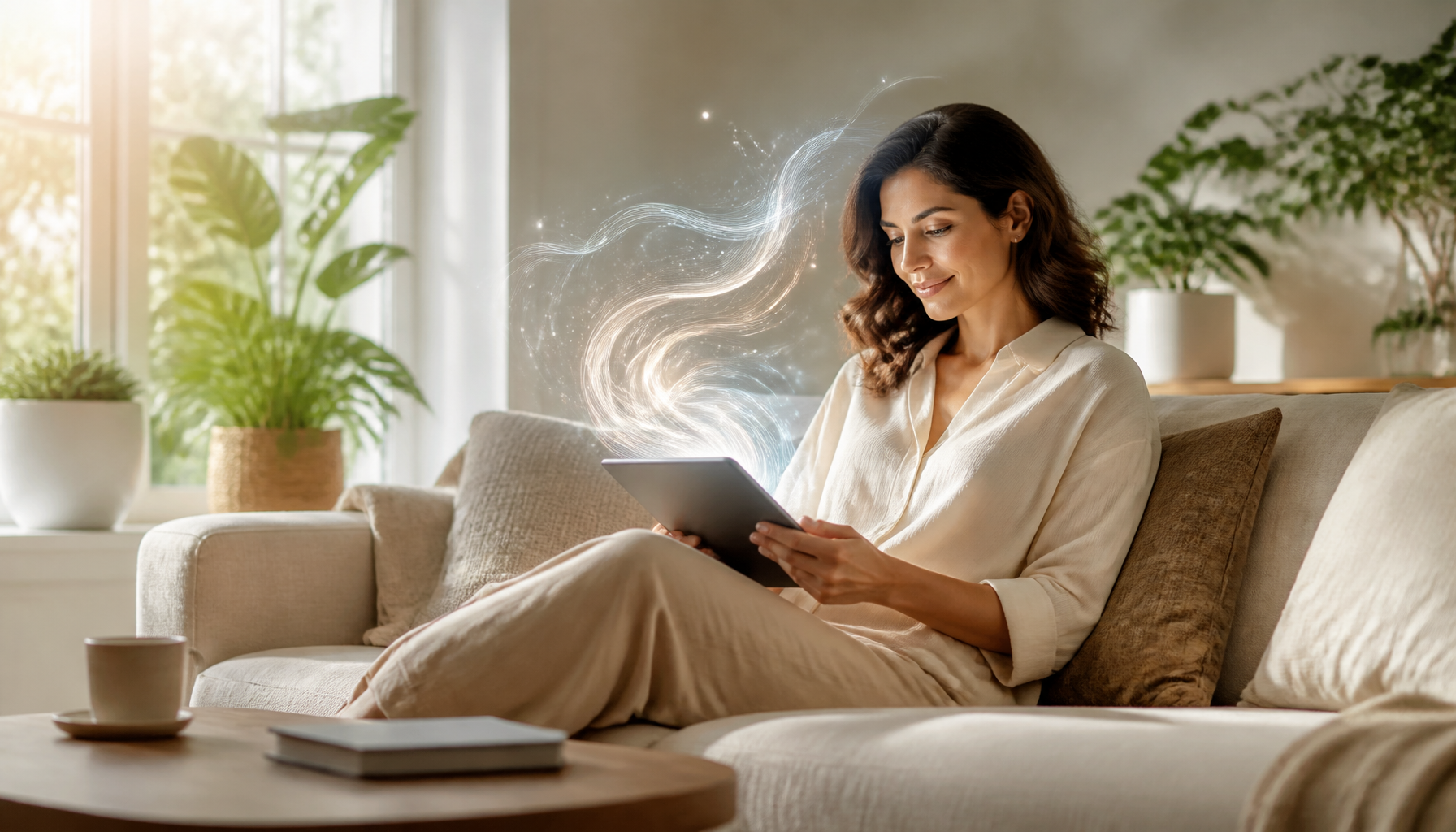 A comforting modern living room setting highlighting generative AI trends outlook with an AI-driven mental wellbeing companion.