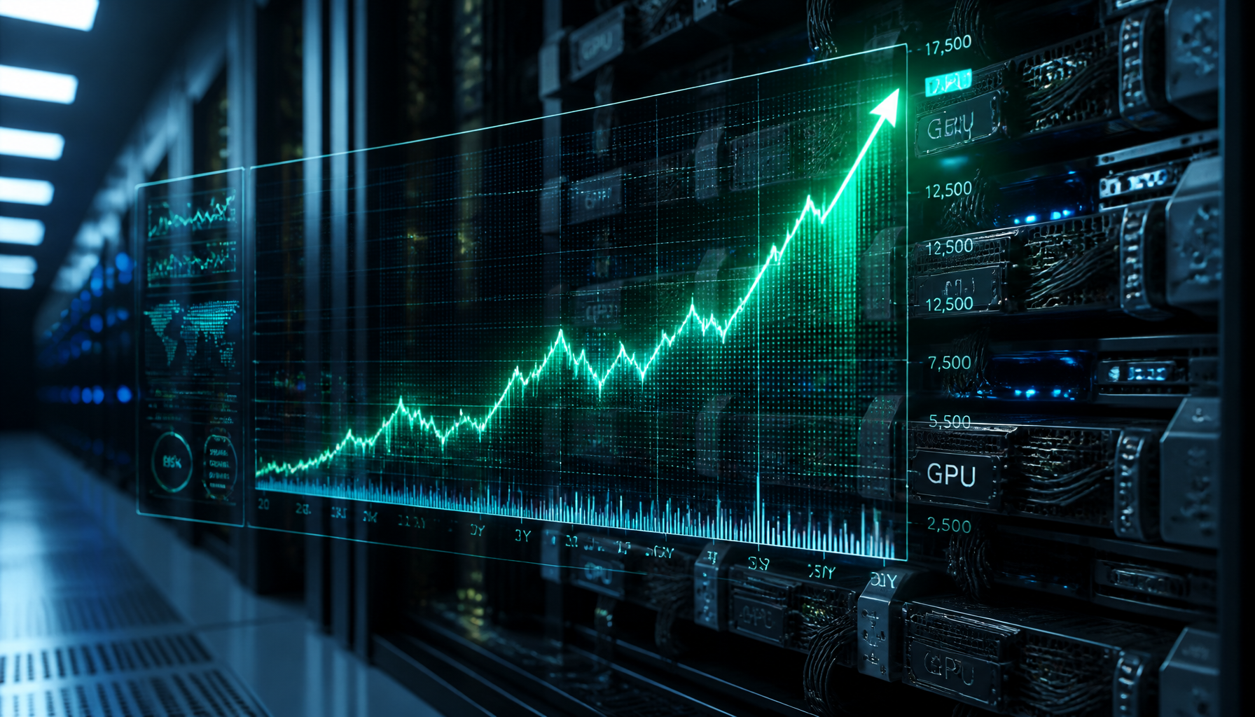 A modern server room and a rising stock market graph showcasing the massive financial growth of Generative AI.