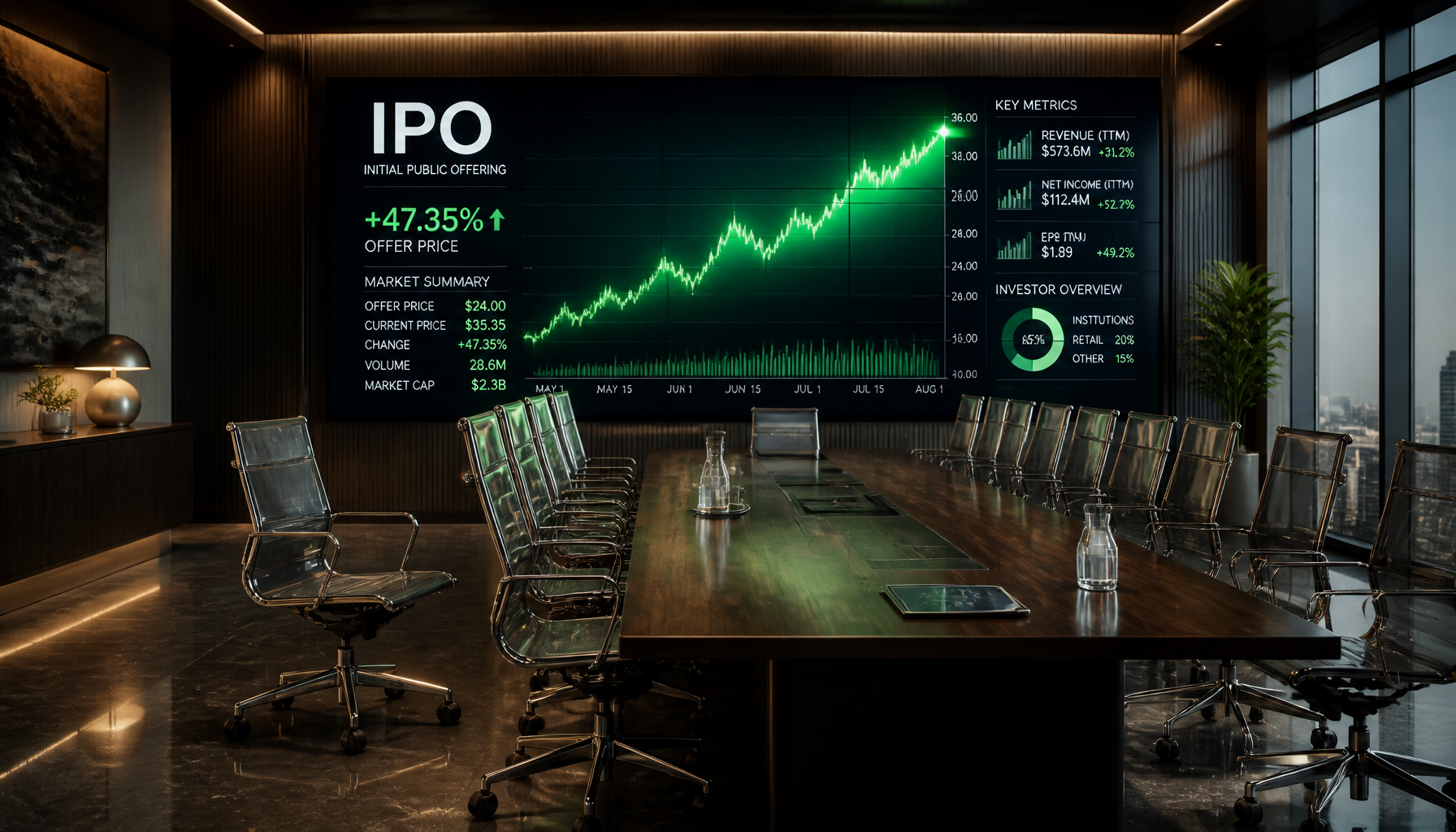 A modern boardroom with rising financial charts, illustrating corporate growth linked to Big Tech’s AI spending and executive transitions