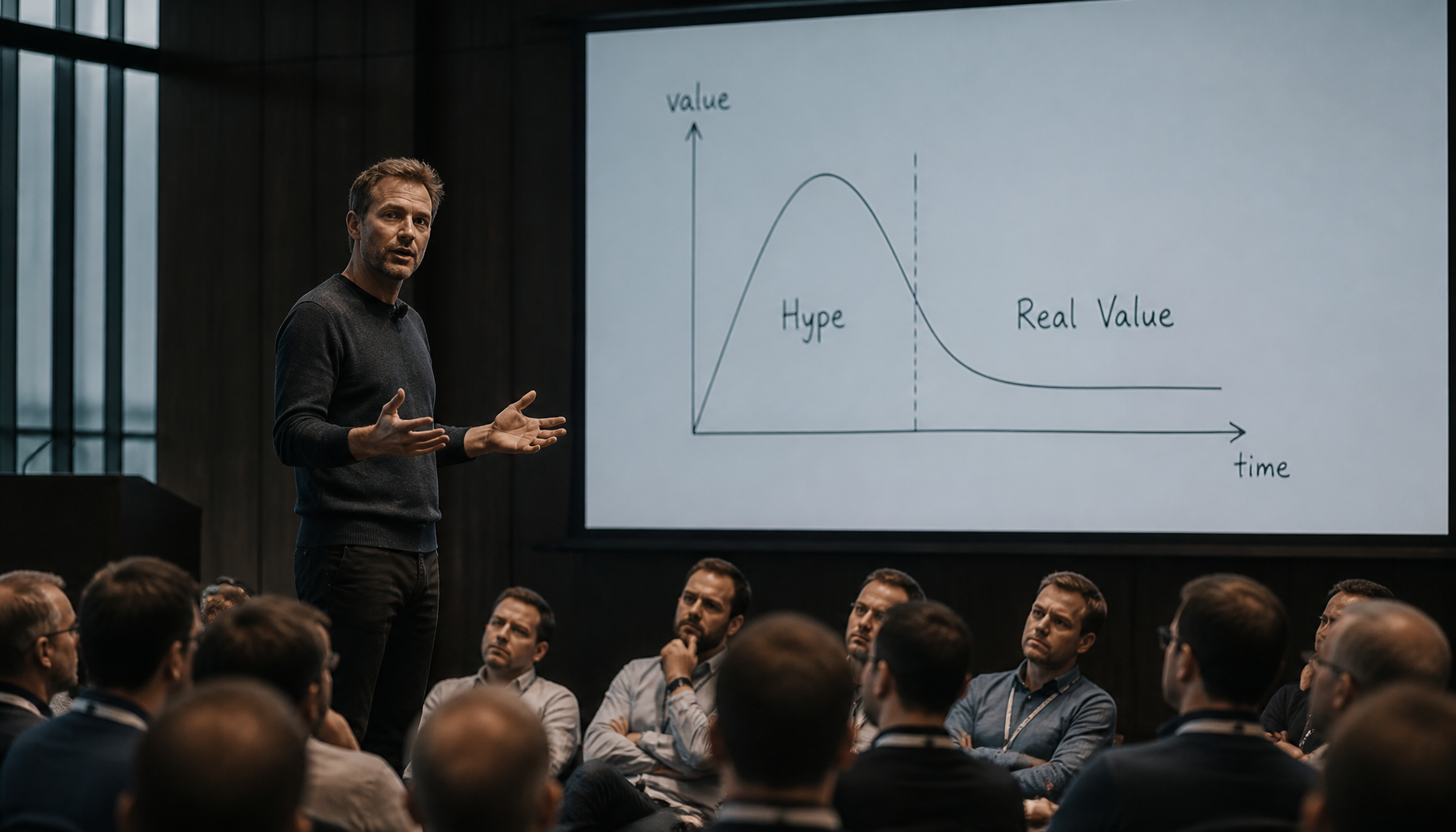 A conference presentation depicting a realist pivot in the development of AI applications.