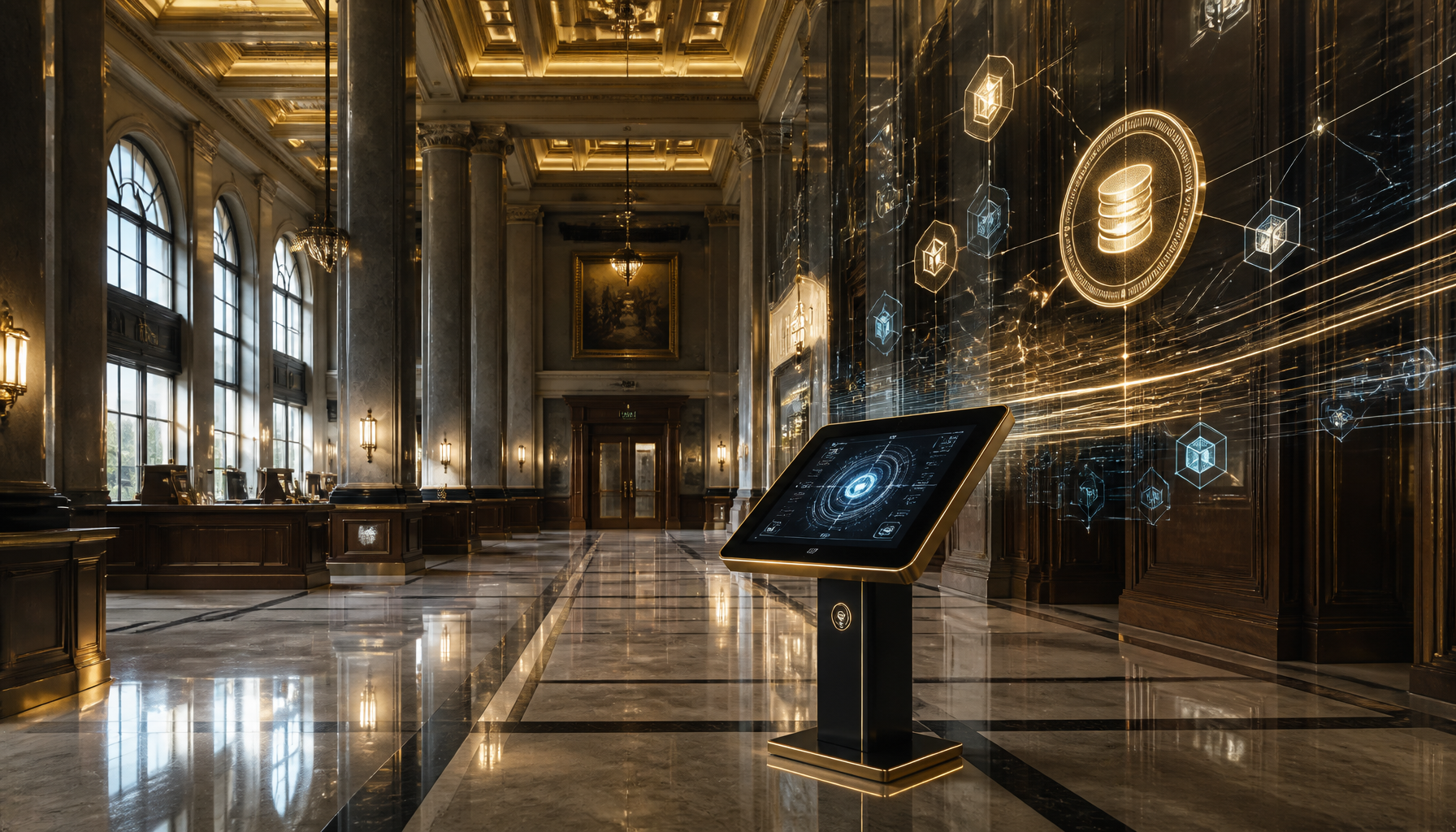 A modern bank lobby displaying on-chain settlement and tokenized deposits to demonstrate why institutions finally believe in crypto.