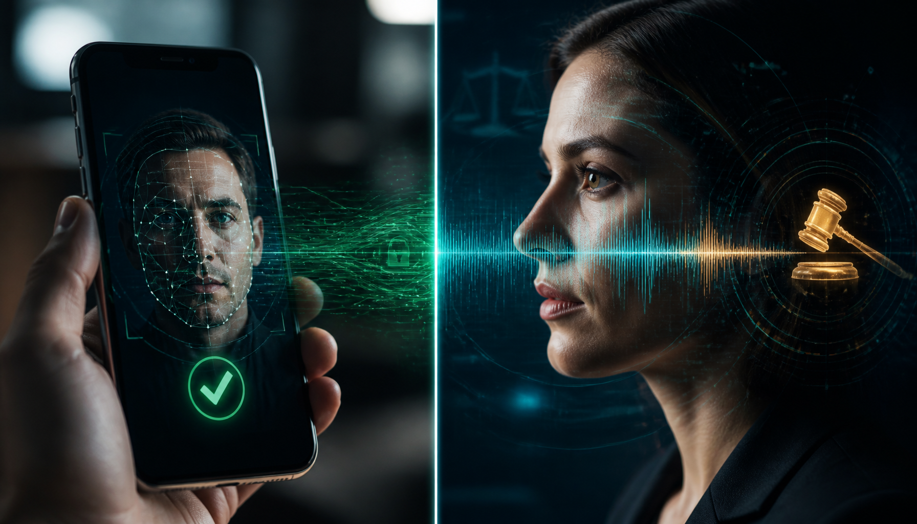 A split visual contrasting real-time biometric verification with voiceprint legal privacy risks related to AI-powered identity fraud.