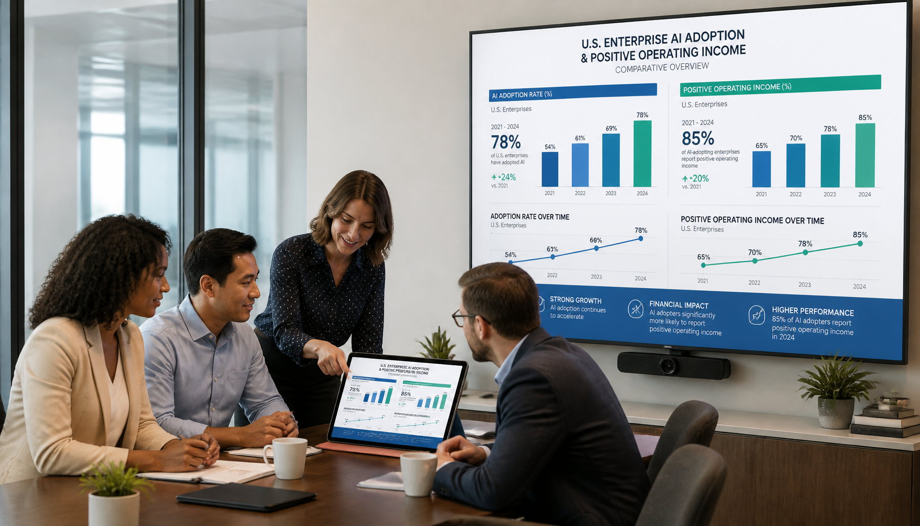 A business team reviewing enterprise AI adoption charts linked to Anthropic's revenue growth.