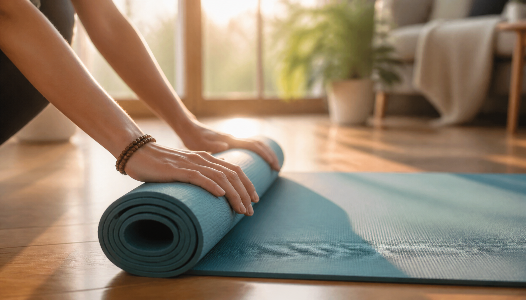 Unrolling a yoga mat on the floor, representing the first step of the 3 golden rules of habit change.