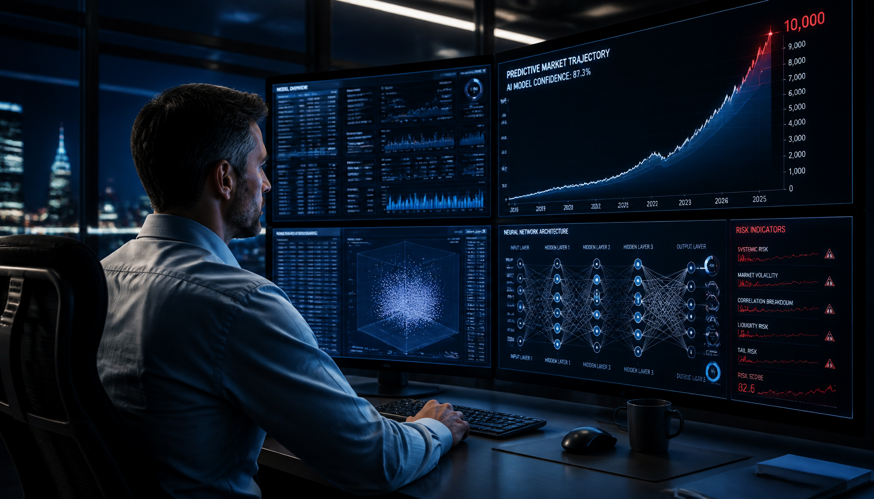 A financial analyst monitoring scaling digital systems and market growth projections amid risks of an AI stock correction.