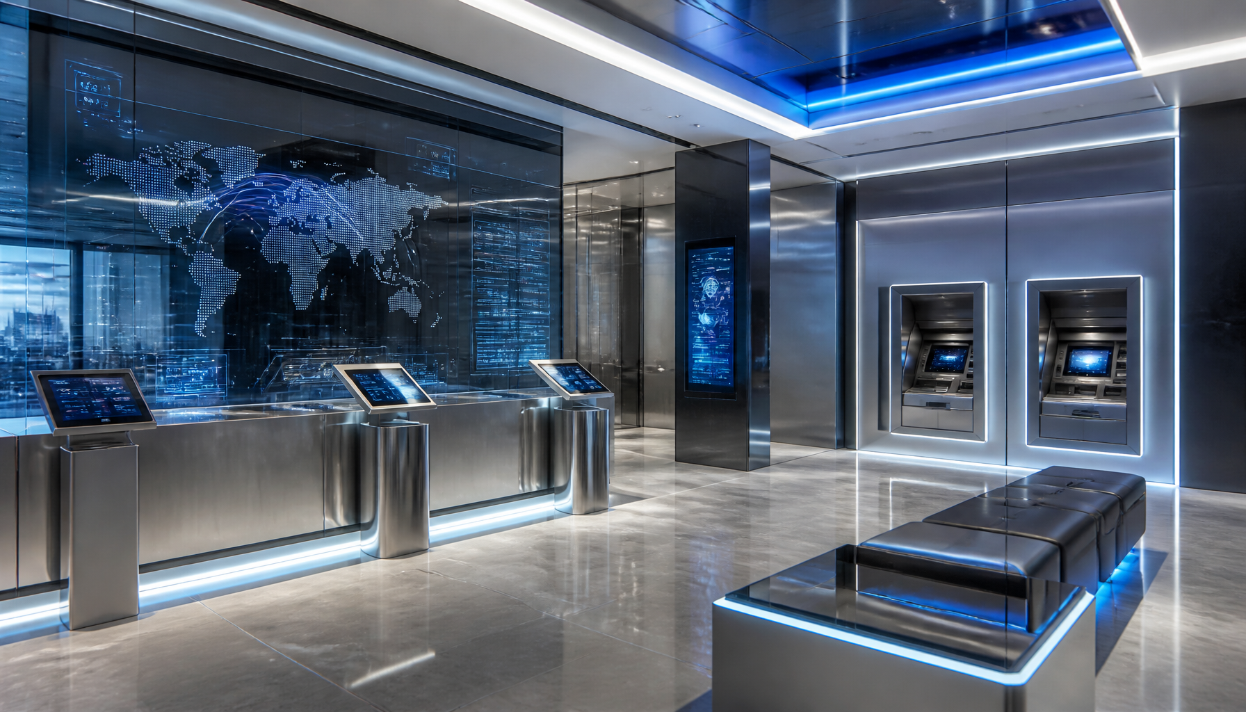 An ultra-modern physical bank branch concept illustrating the expansion of the Revolut French banking licence