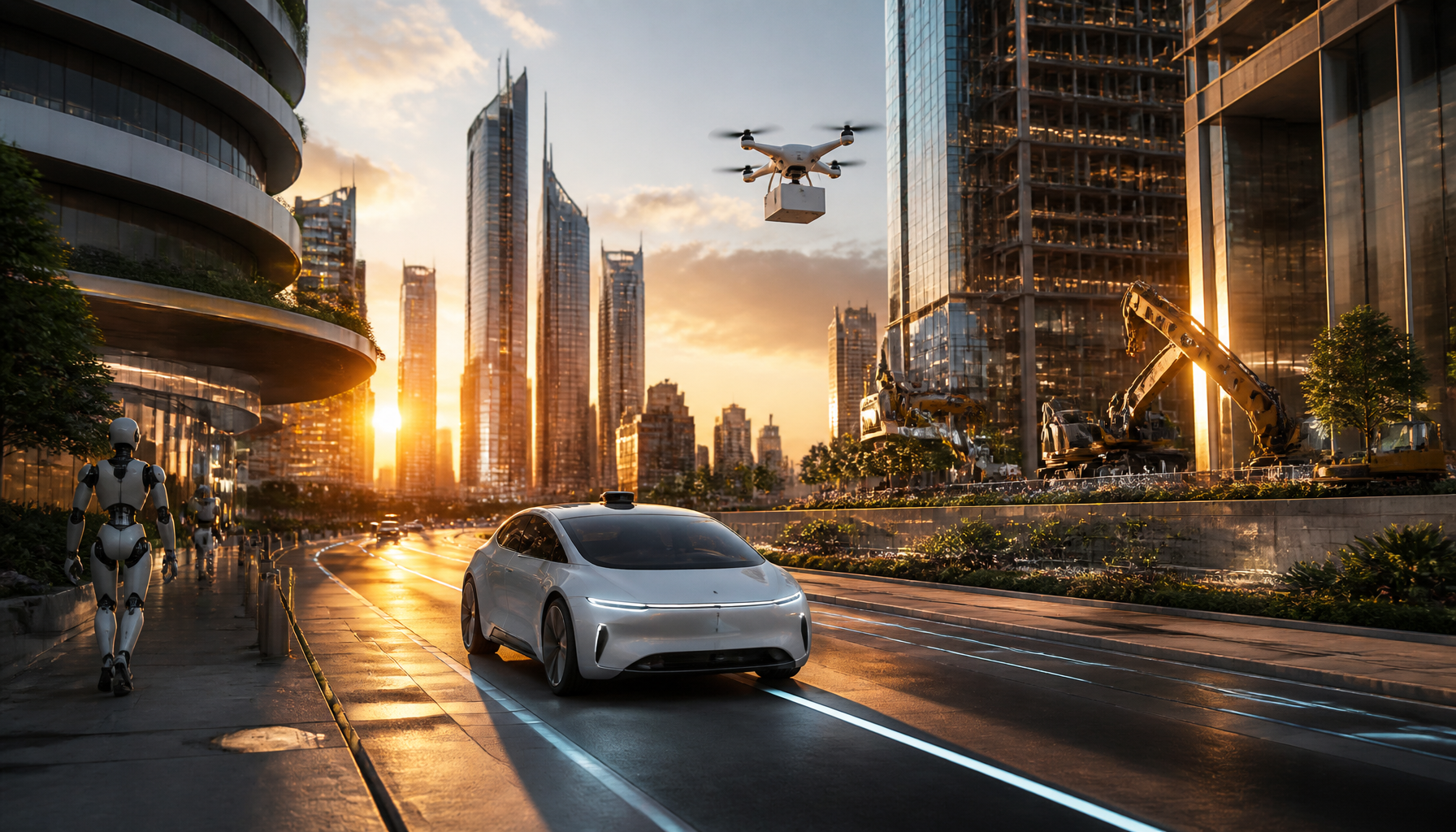 Autonomous delivery drones and robotaxis navigating a smart city, showcasing the real-world applications of AI model engineering