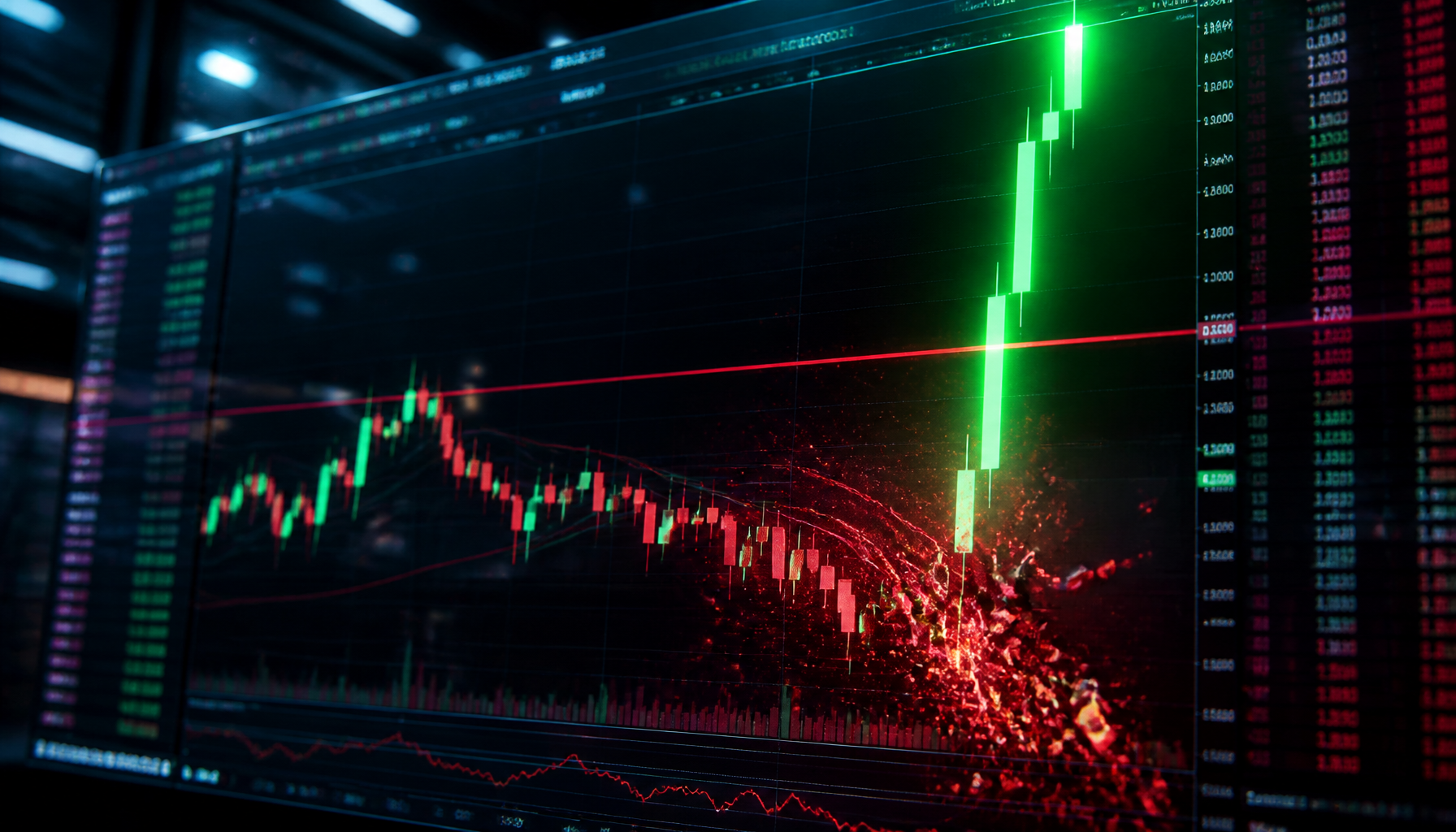 A detailed financial chart depicting a massive short squeeze as Bitcoin just cleared $75,000.