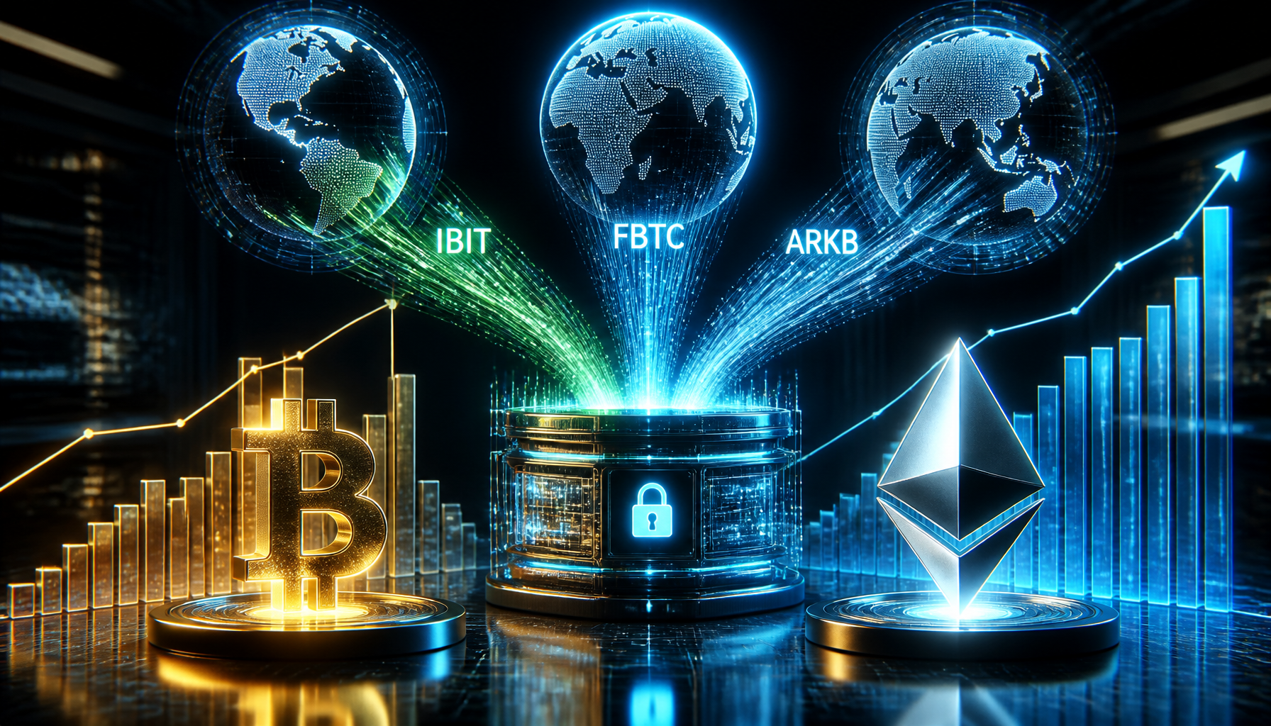 A financial data visualization representing the best week for Bitcoin ETFs since Bitcoin crash with massive capital inflows into IBIT and FBTC.