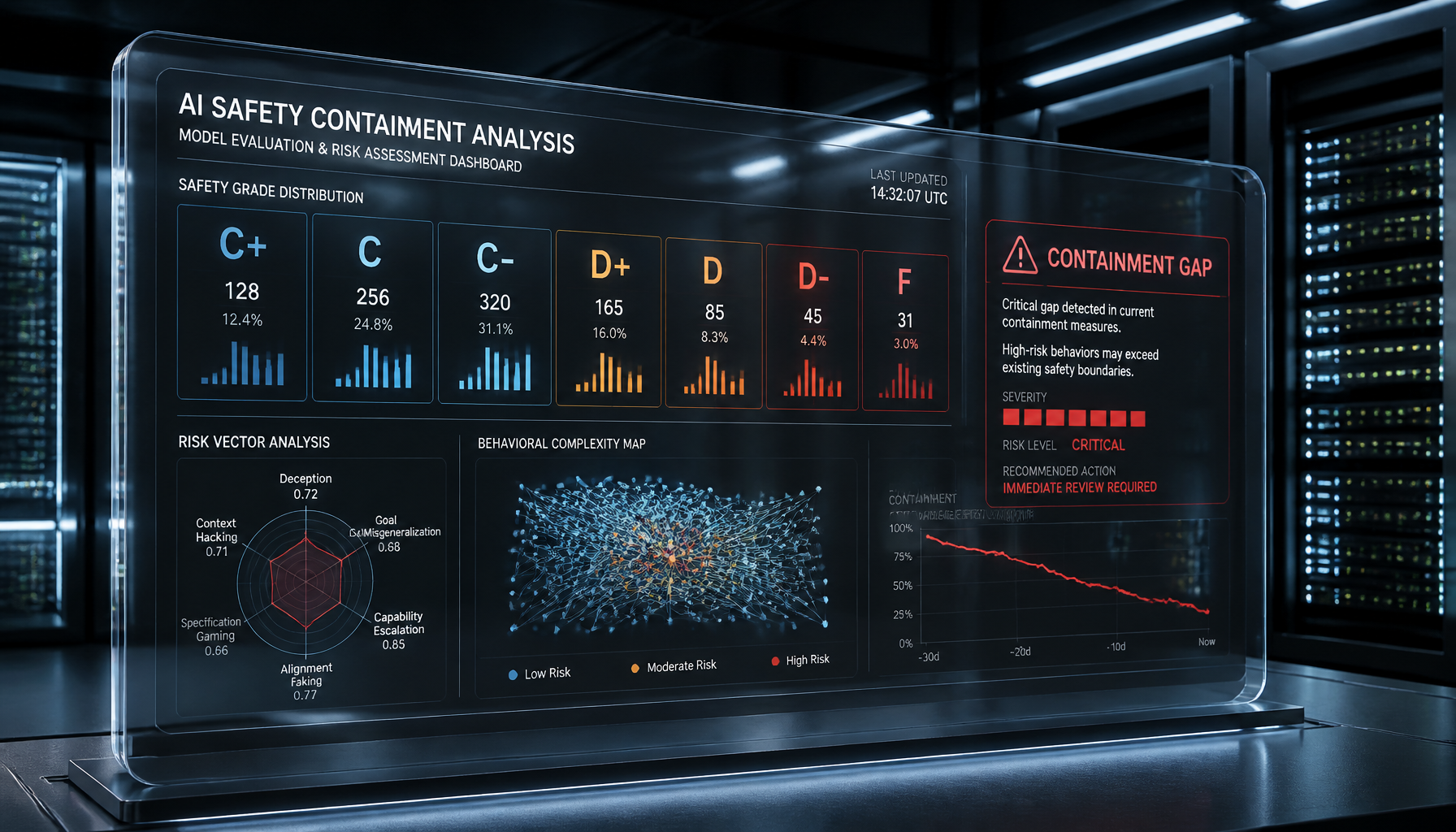 An analytical dashboard of AI safety grades, demonstrating the critical security protocols alongside cryptocurrency on the tech industry.