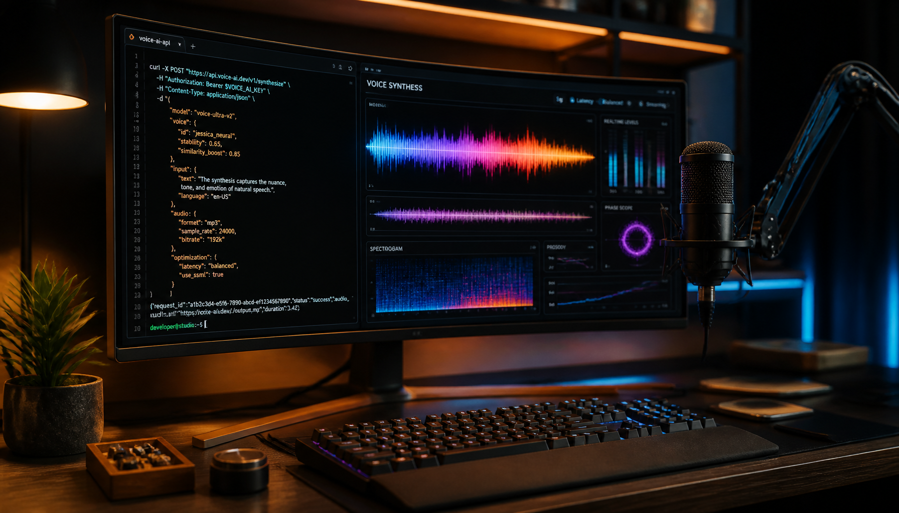 A developer's terminal interface displaying audio JSON code for AI model API integration.