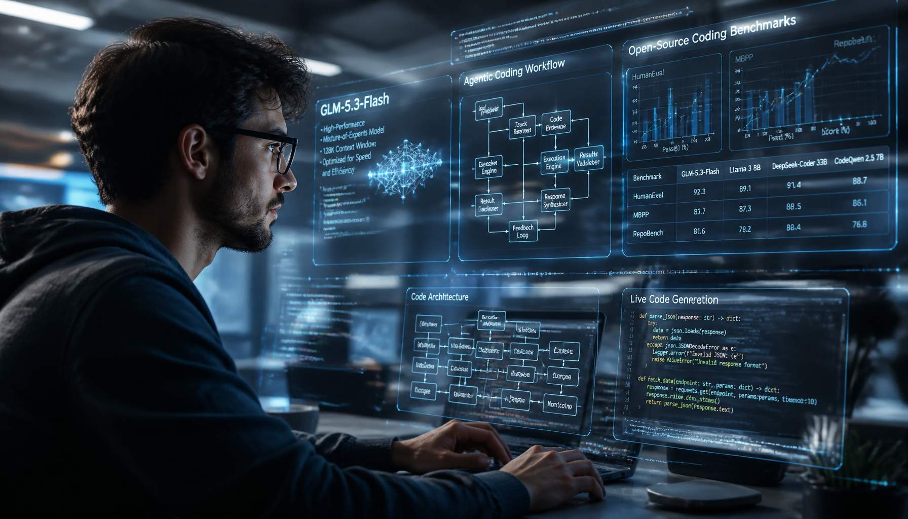 Futuristic software engineering environment representing advanced AI applications and coding agents