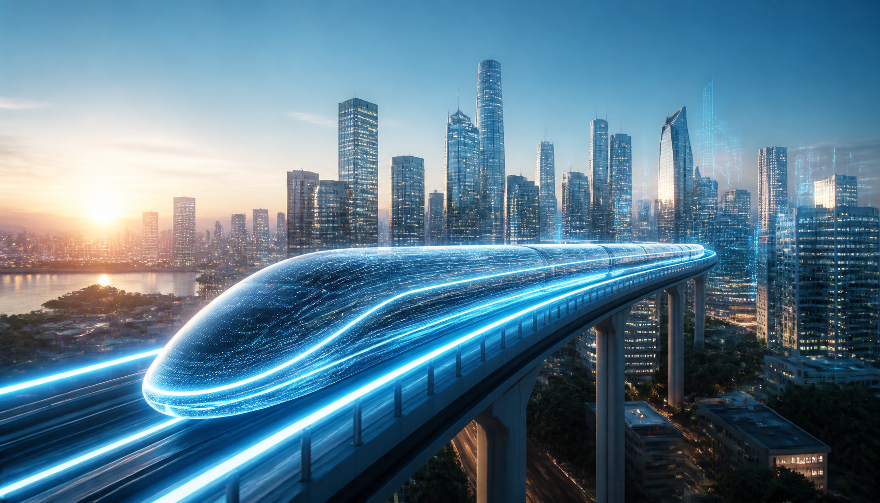 Digital guardrails guiding a high-speed light train to symbolize preventative safety measures in response to the Bill Gates AI warning.