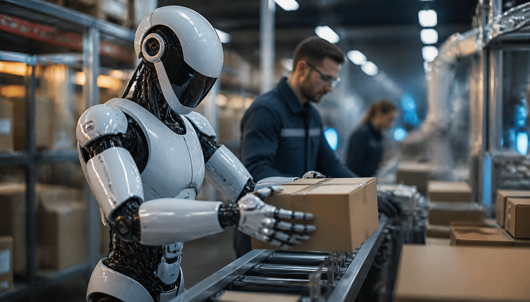 Advanced humanoid robots optimizing physical labor in a logistics facility, demonstrating modern AI Automation Services.