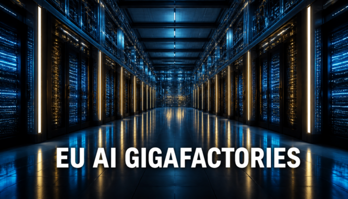 A state-of-the-art European supercomputer hall illustrating the concept of EU AI Gigafactories with glowing server racks.