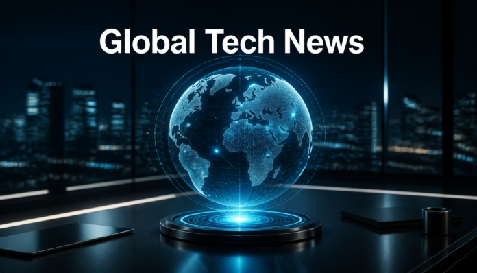 A futuristic holographic globe illustrating the Latest Tech & Global News Roundup.