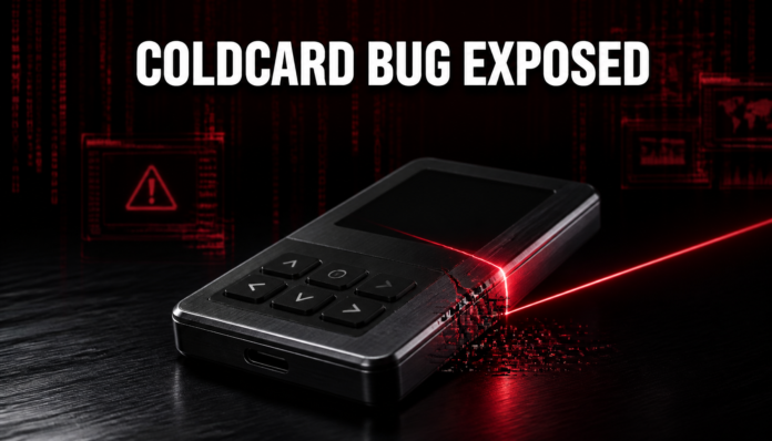 A dramatic cyber-security visualization of a hardware wallet highlighting the critical Coldcard bug vulnerability.