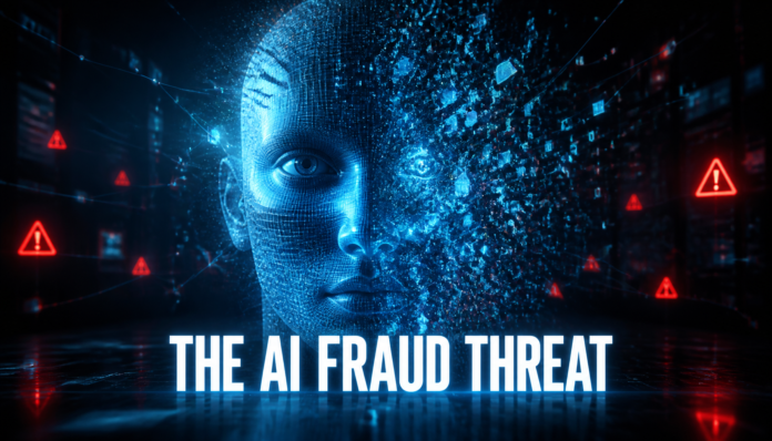 An abstract digital face scan shattering to represent sophisticated identity fraud in the age of AI.