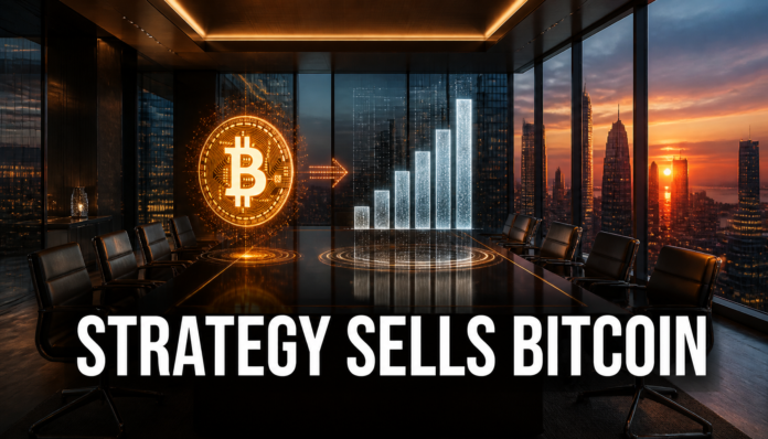 A futuristic corporate boardroom illustrating the concept of how a firm's strategy sells Bitcoin to manage assets.