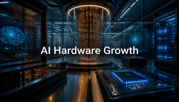 A high-impact visual representation of AI Hardware Advancements Growth Analysis showing advanced quantum computing processors.