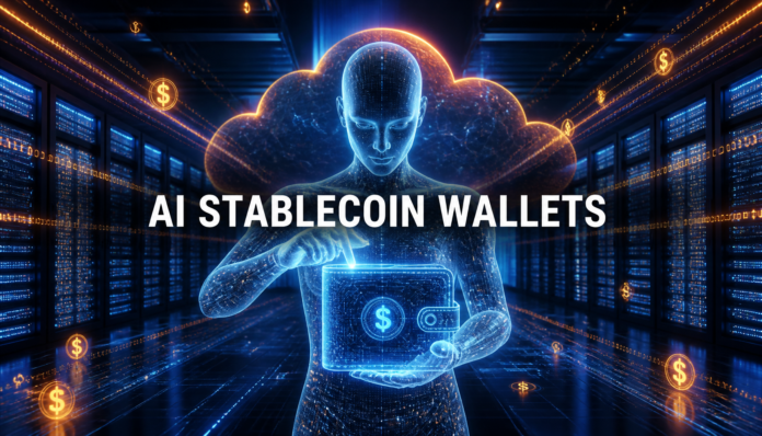 Digital depiction of Cloudflare Announces Stablecoin Wallets for AI Agents with futuristic technology and hologram wallets.