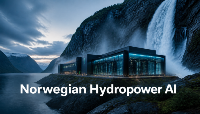 Futuristic data center powered by Anthropic Norwegian Hydropower in a scenic fjord