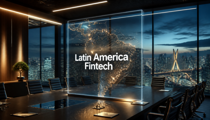 A sleek digital display showing financial network connections across a map, representing the rise of Latin America fintech.