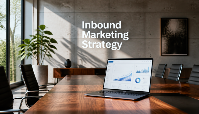 A modern corporate office setup highlighting a successful inbound marketing strategy on a digital dashboard.