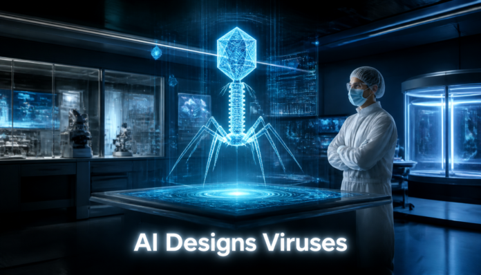 A futuristic laboratory setting illustrating the historical breakthrough of using AI to design a working virus.