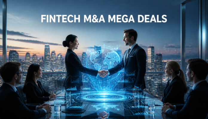 A futuristic corporate boardroom showcasing fintech mergers and acquisitions with digital financial networks and a handshake.