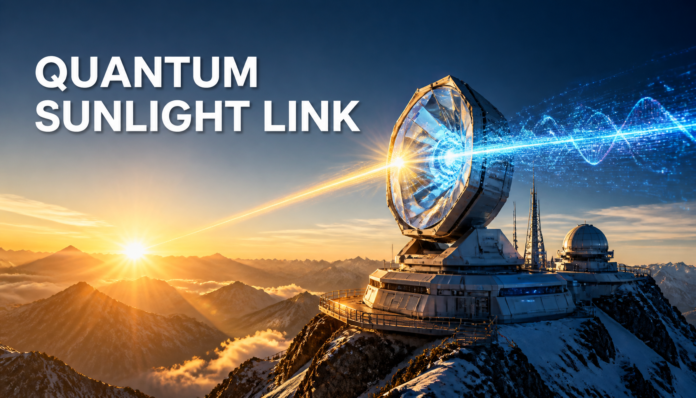 A conceptual illustration of a quantum link using sunlight transmitting secure data beams.
